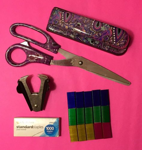 Office Supply Lot Purple Paisley Scissors Stapler  ~ Staple Pull Color Staples