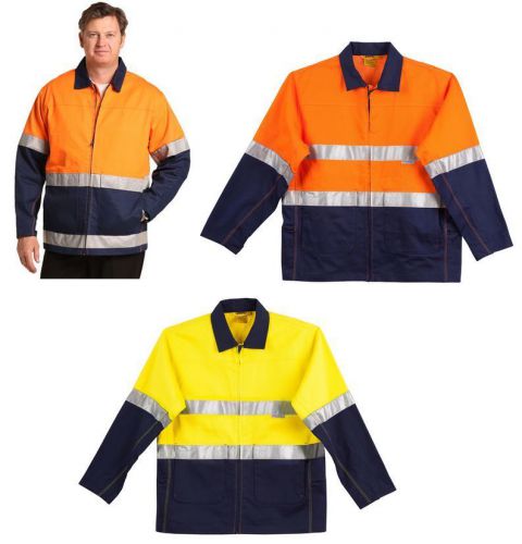 Mens hi-vis cotton jacket 3m tape high vis reflective fluro yellow navy orange for sale