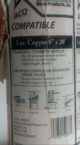 Amerimax copper roll termites shield flash sheet roof metal home 3 oz. 8&#034;x 20 for sale