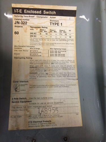 ITE JN322, 60 Amp 240 Volt 1 Phase Fusible Disconnect