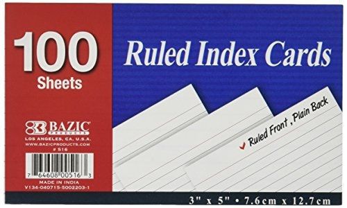 Bazic BAZIC 100 Ct. 3&#034; X 5&#034; Ruled White Index Card