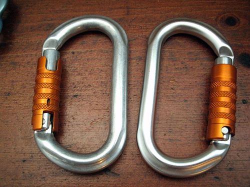 Petzl lot of 2 silver tone/orange professional ok triact safety lock carabiner for sale