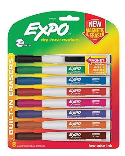 Expo magnetic dry erase markers with eraser, fine tip, assorted, 8-pack for sale