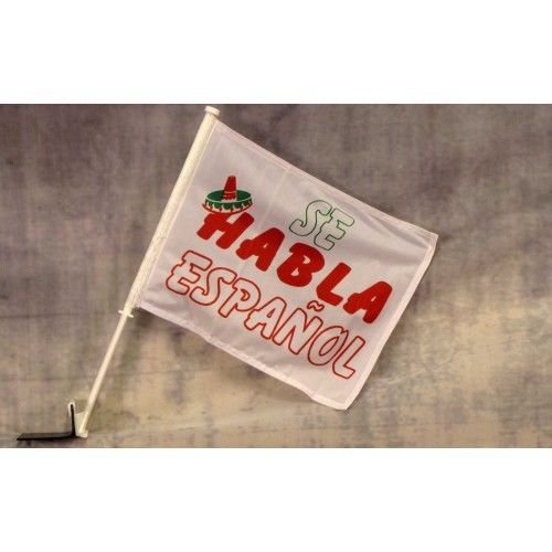 Se habla espanol car flag 12x15x16-1/2&#034; window roll up banner / pole (one) for sale