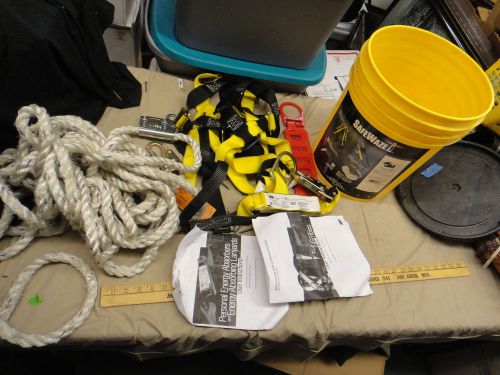 Safeway climbing gear bucket, harness,  rope, lanyard, 4000 roof anchor as seen for sale