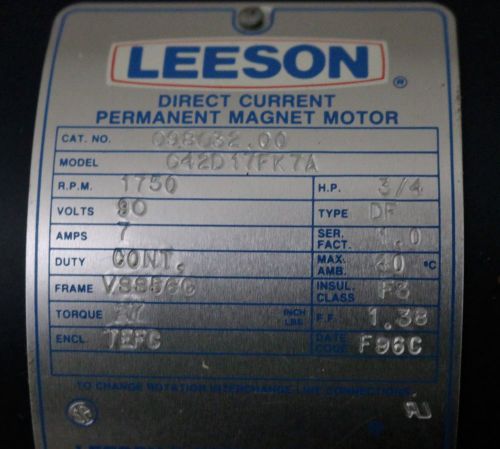 3/4HP 1750RPM 90Volts New Direct Current Permanent Magnet Motor Leeson  3/4 HP