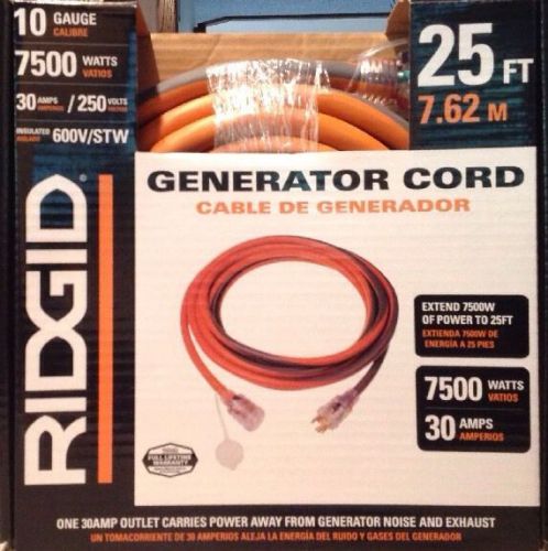 Ridgid 25 ft. 10 gauge 30 amps 7500 watts 250 volts generator cord 615-18046ab for sale