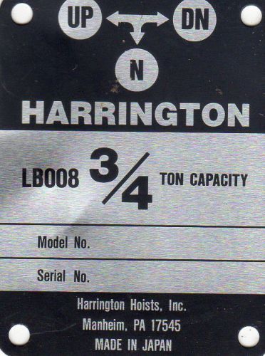 Harrington lever hoist capacity decal 3/4 ton part # l5bu0089800 for sale