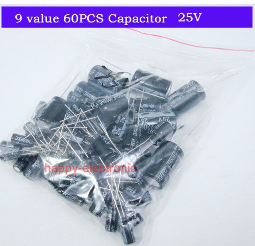 9 value 60pcs 25v  electrolytic capacitor assortment kit  (4.7~2200uf) for sale
