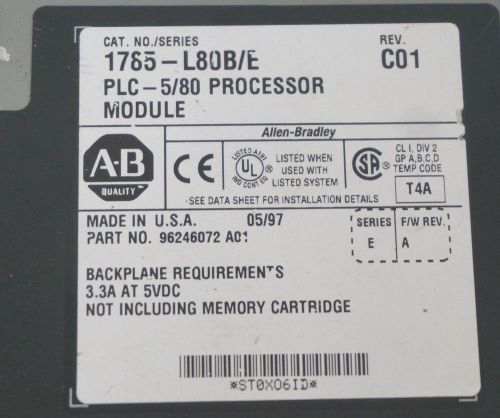 ALLEN BRADLEY 1785-L80B/E PROCESSOR SER. E, 1785-L80B W/ 1785-ENET