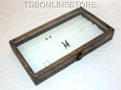 Rustic Coffee Brown Glass Top Jewelry Case With 90 Earring White Insert