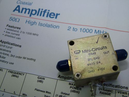 RF amplifier 2 - 1000MHz Gain: 9dB PO: -24dBm SMA Mini-Circuits ZFL-2AD