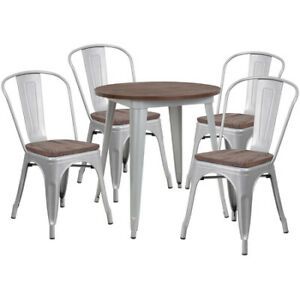 FLASH FURNITURE CH-WD-TBCH-10-GG Round Round Silver Metal Table Set with Wood