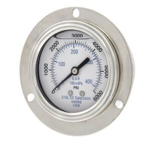 PIC GAUGES 304L-254S Gauge, 2.5&#034;, 0/6000psi, 1/4&#034;CBM, SS, FrtFlng, Connection