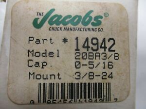New! JACOBS Drill Chuck &amp; Key Model 20BA3/8 Mount 3/8-24 0-5/16&#034; in Orig. Box