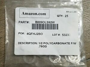 Pack of 25 Polycarbonate Flat Washer 1/2&#034; Hole .75&#034; OD .06&#034; Thick  FREE SHIPPING