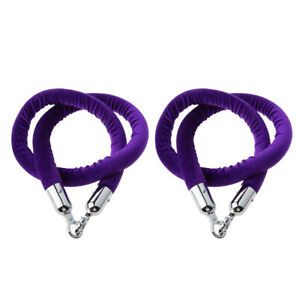 2 x Purple Queue Line Rope Barrier Crowd Control Belt Post w/ Silver Hooks