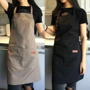 Women Adjustable Bib Apron Waterproof Two Pockets Kitchen Baking Cooking Pure