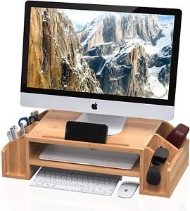 WELL WENG Bamboo 2-Tiier Monitor Riser with Adjustable Storage Organizer Desktop