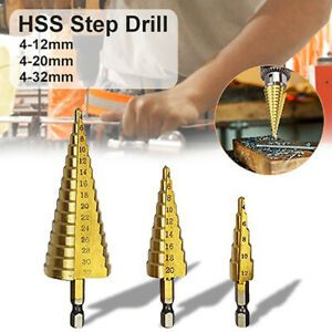4-12/20/32mm HSS Steel Large Step Cone Metal Drill Bit Cut Tool Set Hole Cutter