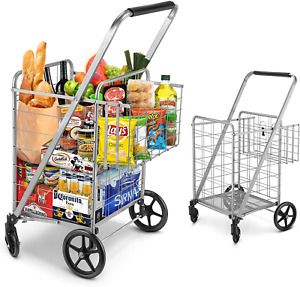 Shopping Cart, Jumbo Double Basket Grocery Cart 330 lbs Capacity Folding Cart