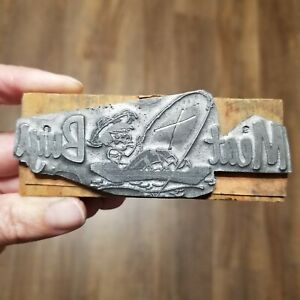 Printing Letterpress Printer Block MEAT BUYS Boy Fishing in Boat Grocery Ad ?