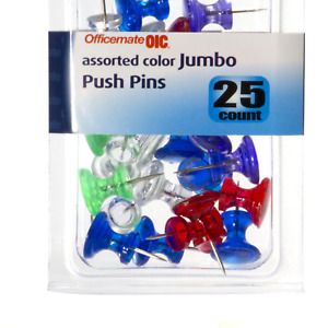 Officemate OIC Jumbo Push Pins, Assorted Colors, 25 Pack (92613)