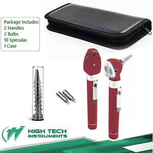 Fiber Optic Otoscope Ophthalmoscope Examination LED Diagnostic ENT Set Maroon