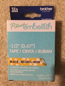 Genuine Brother P-Touch Embellish Tape 1/2&#034; Black on Yellow White Stars Pattern