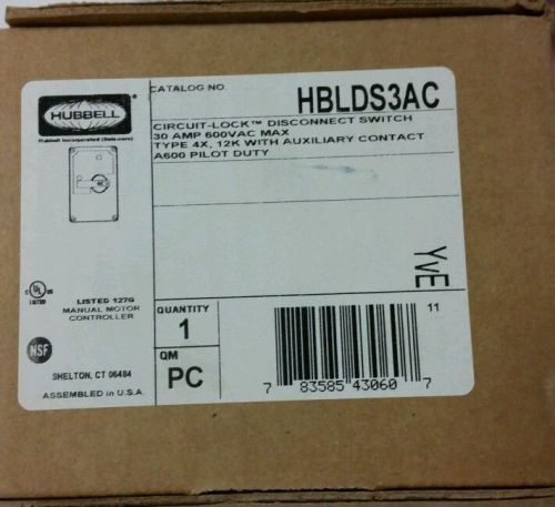 HUBBELL HBLDS3AC 30 Amp Circuit-Lock disconnect switch 600V AC MAX Type 4X