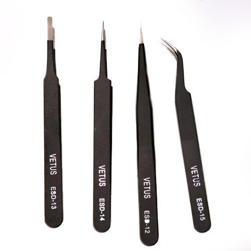 4pcs Non-magnetic Steel Fine Curved Tip Tweezers Plier Tools For Jewelry SMD SMT