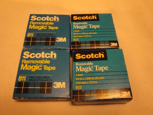 LOT OF 4 Rolls 3M Scotch 811 Removable Magic Tape 1/2&#034; x 36yd AND 3/4&#034; X 36 YD