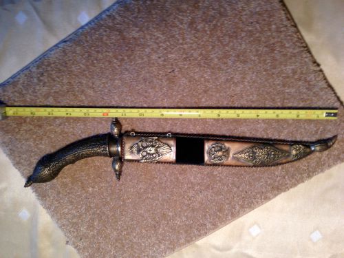 Antique daggar/knife w/ 10&#034; inscribed blade in metal scabbard