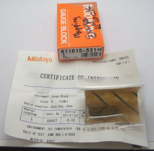 MITUTOYO Gauage Block 611615-531 4B ASME 0/PD 5mm 5 mm Brand-New Sealed w/ COA