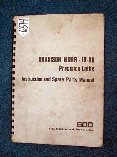 Harrison Instruct/Spare Parts Manual Model 10-AA Lathe (Inv.16569)
