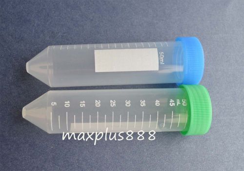 50pcs 50ml Clear Conical Bottom Micro Centrifuge Tubes Blue Green Caps on Rack