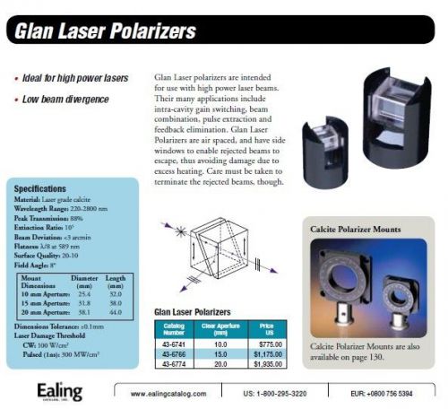 Ealing Polarizer, Glan-Prism, MINT; Model No. 43-6766-000