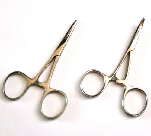 New 2pc set 3.5&#034; straight + curved hemostat forceps locking clamps  stainless for sale