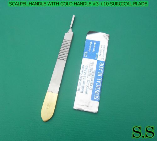 SCALPEL KNIFE HANDLE WITH GOLD PLATED #3 +10 SURGICAL BLADE #15