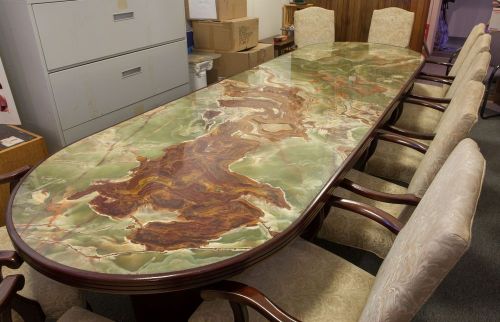 Pakistani Green Onyx Marble Conference Table and 9 Matching Fabric Arm Chairs