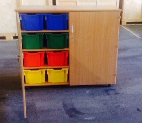 Beech Storage Cupboard with 12 Plastic Crates, lockable with Keys