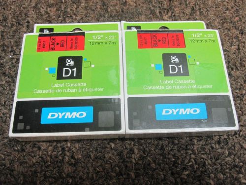 2 Dymo Standered Lable Cassette Black on Red 1/2 in x 23 ft 45017 12mm x7m D1