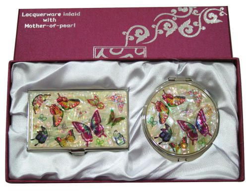 Nacre butterfly Business card holder case Makeup compact mirror gift set  #29-1