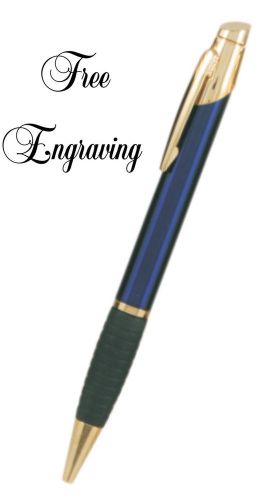 Personalized Brass Blue Body Ink Pen With Gripper - Engraved Free Ball Point