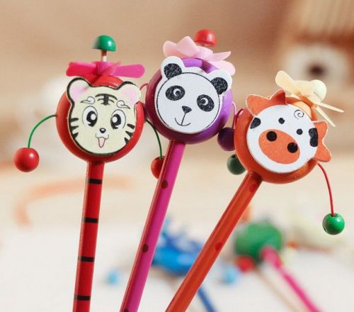 Lot 4pcs Korean Kawaii Cute Animal Wooden Pencils fun Drum Baby Rattles fan