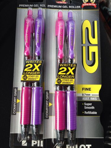 Lot Of 2 Packs (4 Pens) Pilot G2 Gel pens 0.7MM retractable 1 Pink and 1 Purple