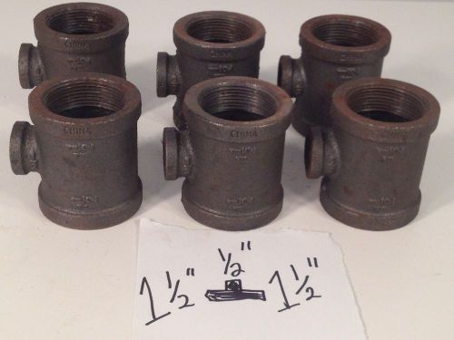 Lot of 6 - 1 1/2&#034; malleable iron black pipe reducer tee 1 1/2 x 1/2 x 1 1/2 rt3 for sale