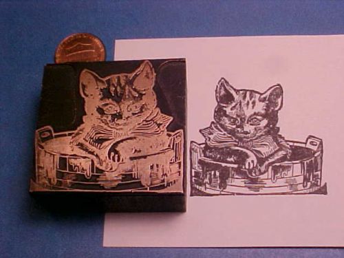Letterpress printers cut CAT in WATER BUCKET! Bowtie CUTE! VERY DETAILED ORNATE!