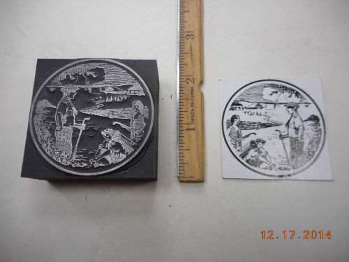 Letterpress Printing Printers Block, Old Fashion Golfing Couple w Caddy