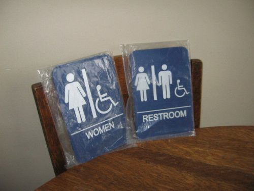 SET OF 2 REST ROOMS SIGNS DARK BLUE W/WHITE LETTERS + BRAILLE FOR THE BLIND